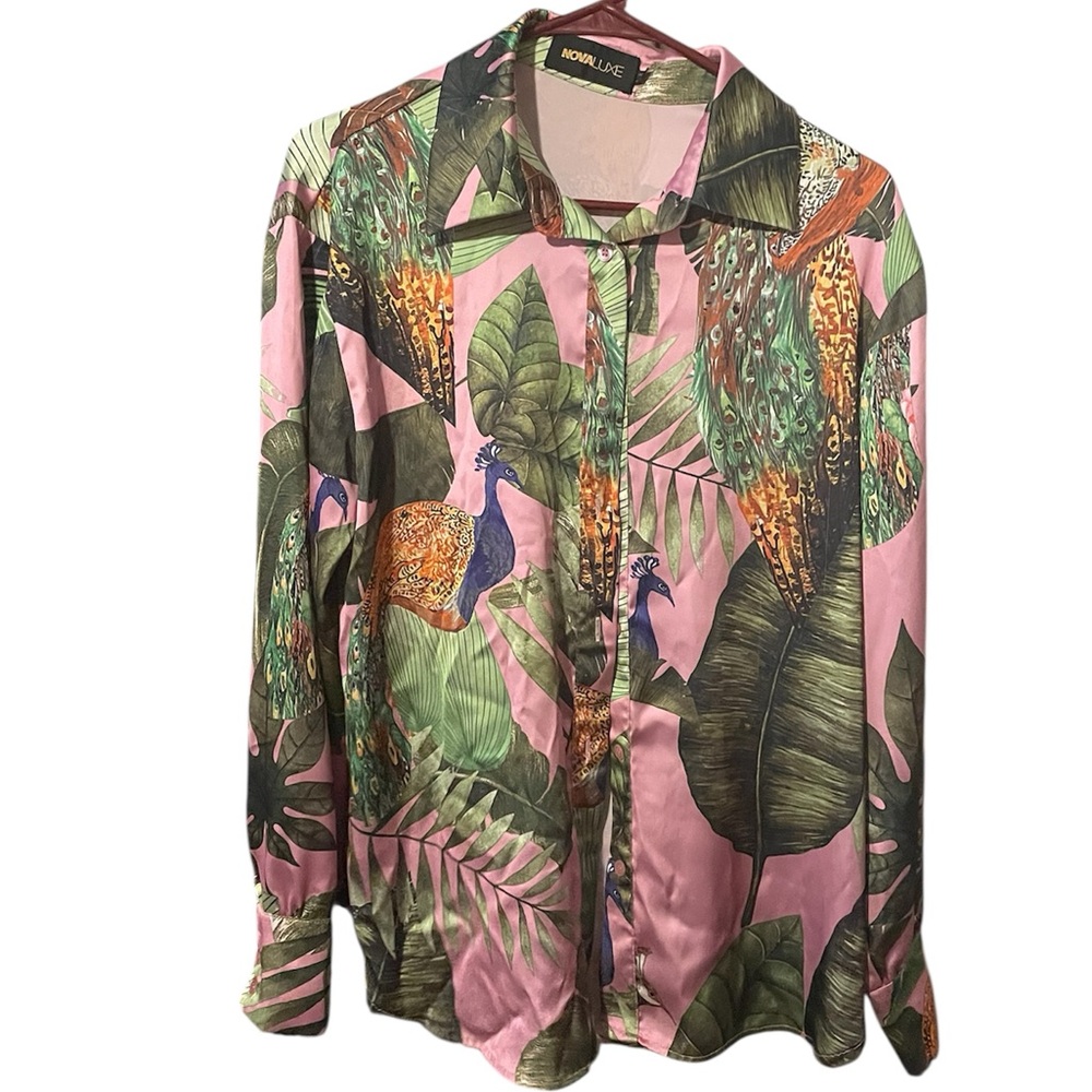 Fashion Nova Pink and Green Button Down Shirt